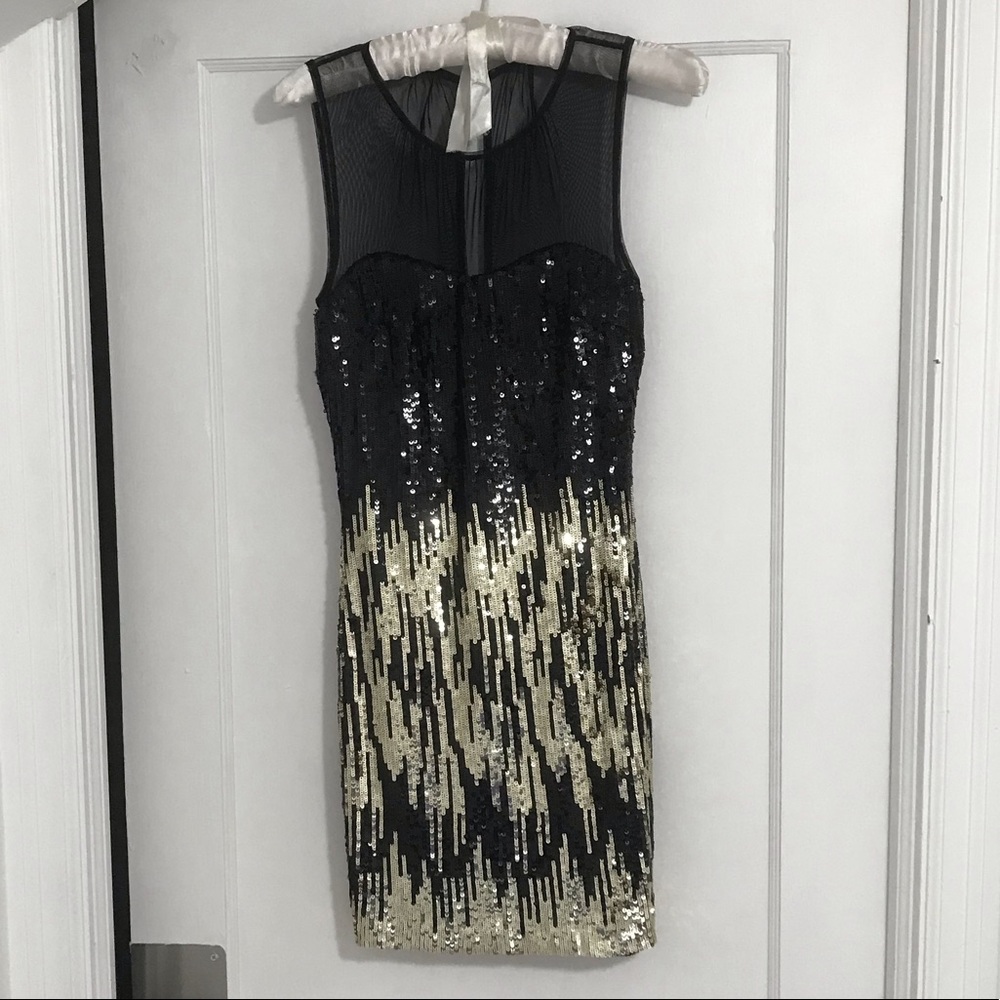 bebe Black and Gold Sequin Mesh Mini Party Dress | XS | Great condition